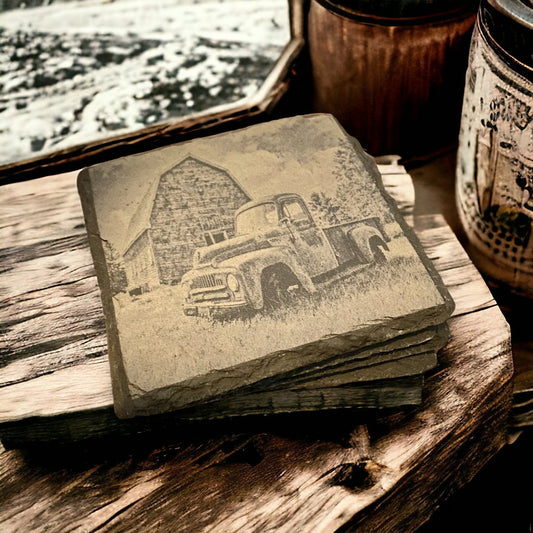 Classic Ford Truck Old Barn Coasters | Set of 4 | Slate Stone Ford Classic Rustic Truck Scene Coaster Set | Design Ford Gifts | Rustic Woods - SystemPoint Solutions