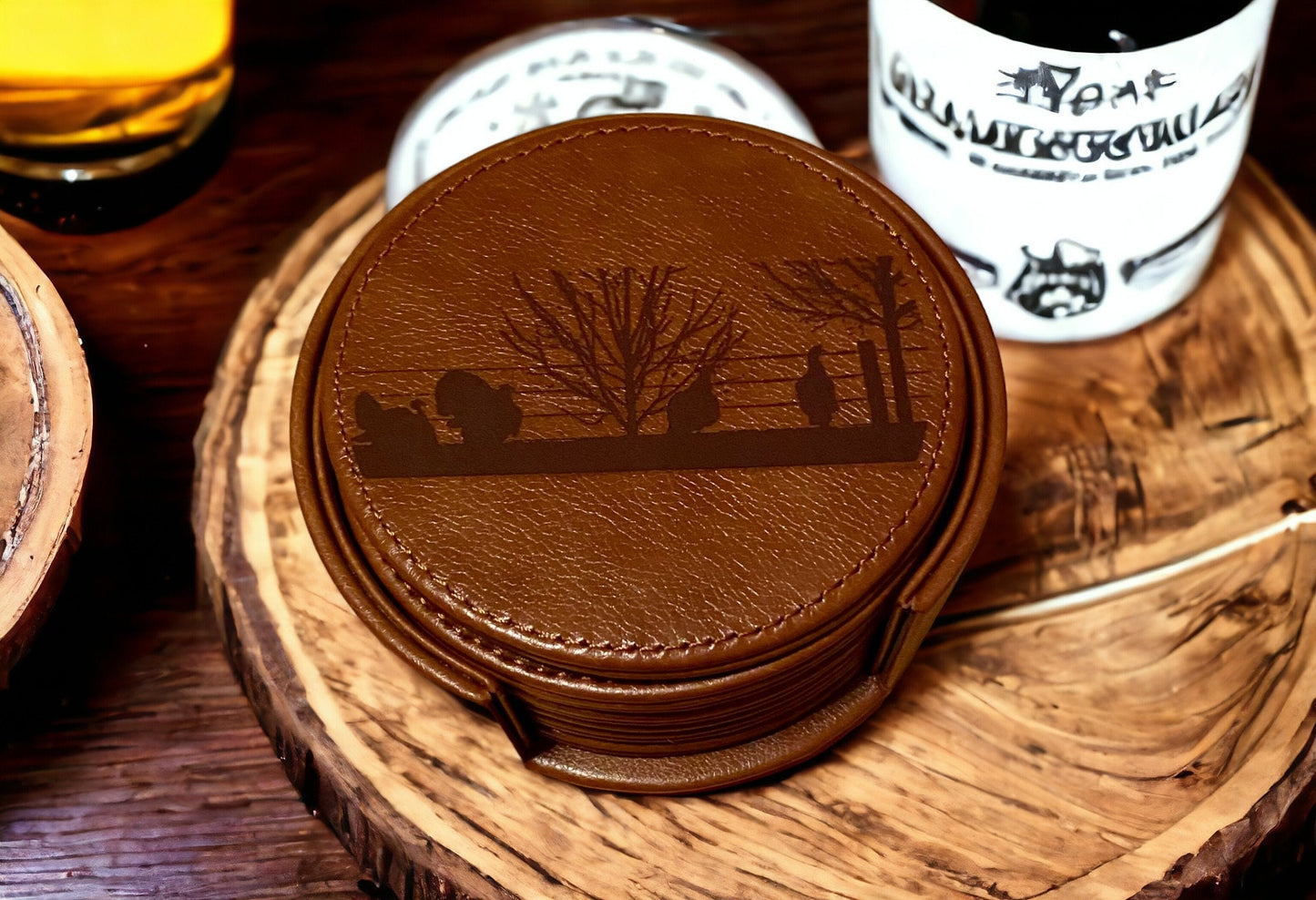 Turkey Wildlife Leather Coaster Set - Handcrafted Drink Coasters - 6 Piece Hunting Coasters with Holder - Rustic Home Decor - SystemPoint Solutions