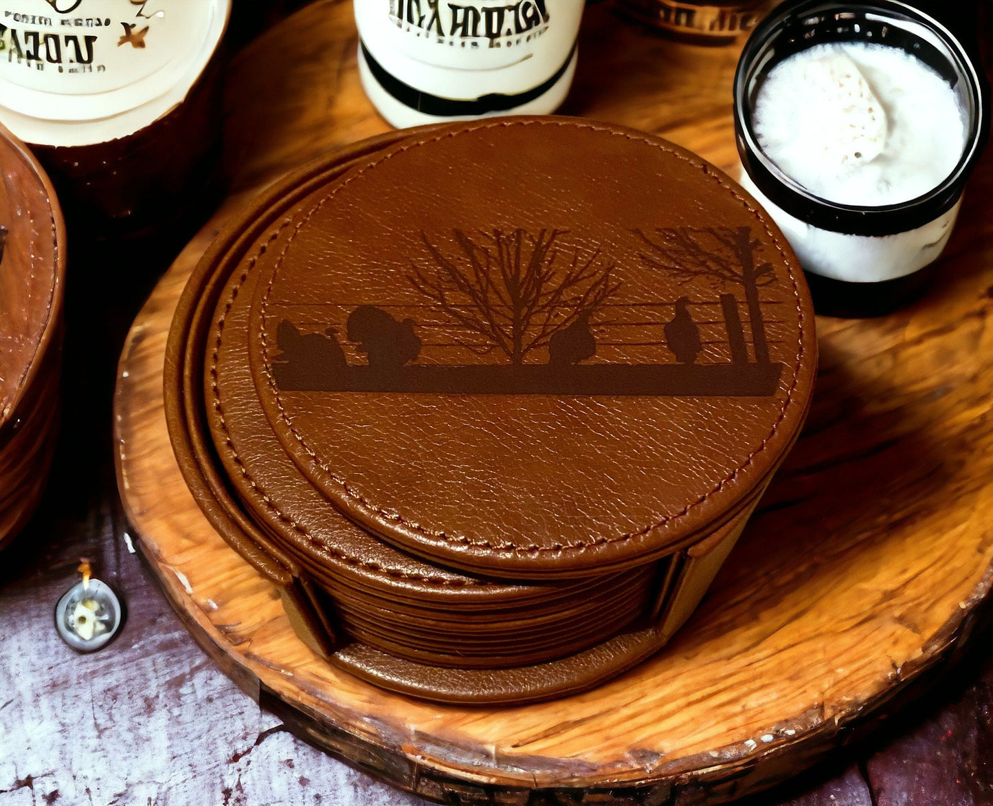 Turkey Wildlife Leather Coaster Set - Handcrafted Drink Coasters - 6 Piece Hunting Coasters with Holder - Rustic Home Decor - SystemPoint Solutions