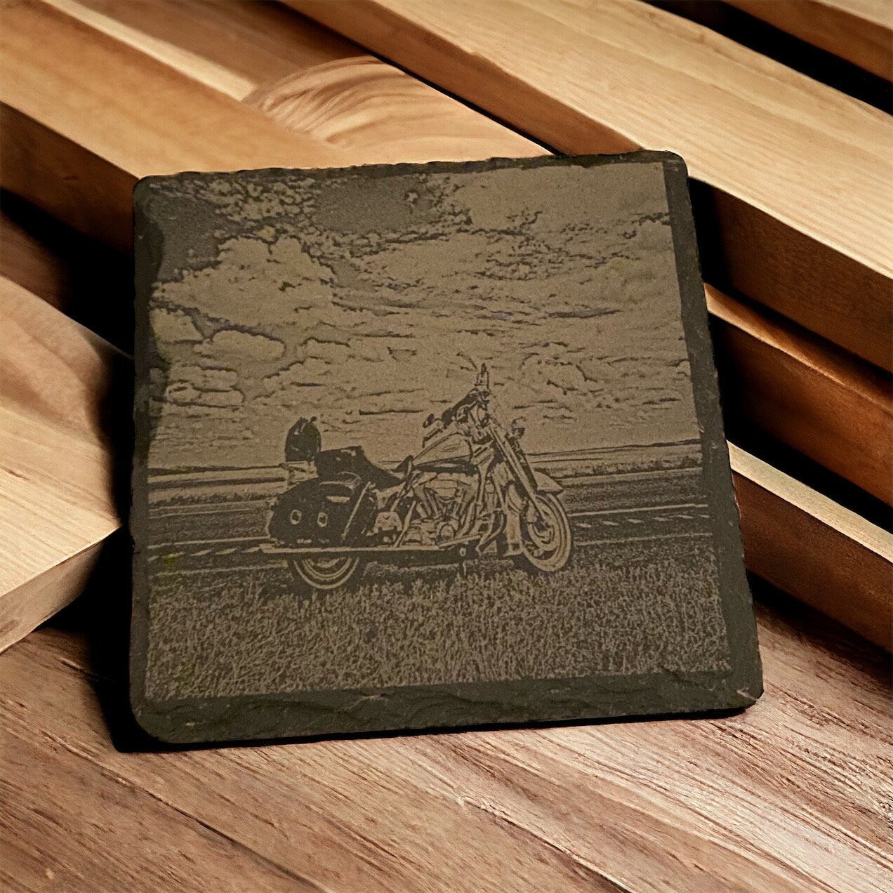 Motorcycle Coaster Set Road Motorcycle Coasters | Set of 4 | Slate Stone Motorcycle Open Road Scene Coaster  | Design Steel Horse Gifts - SystemPoint Solutions