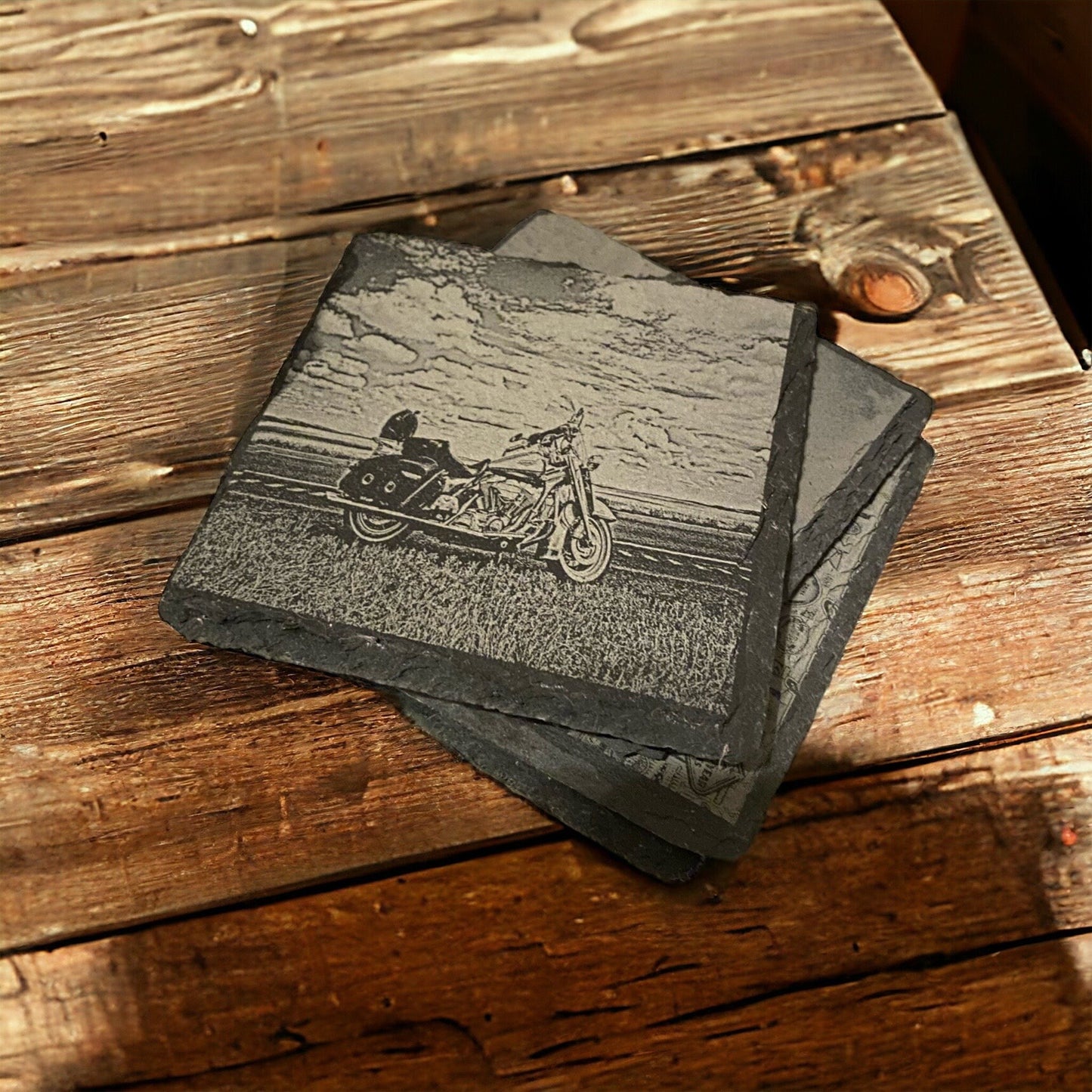 Motorcycle Coaster Set Road Motorcycle Coasters | Set of 4 | Slate Stone Motorcycle Open Road Scene Coaster  | Design Steel Horse Gifts - SystemPoint Solutions