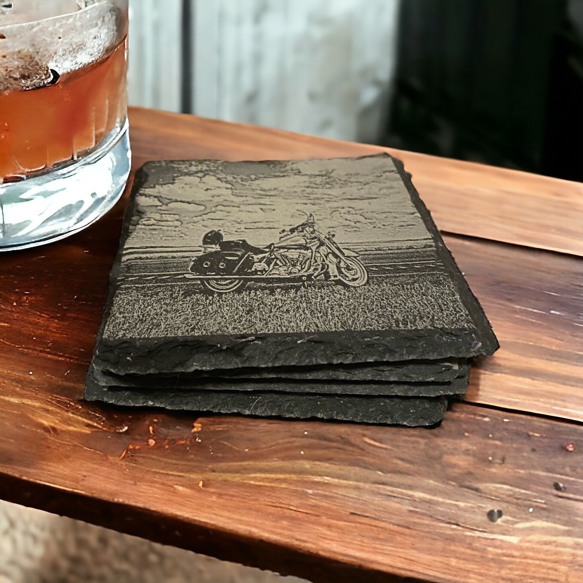 Motorcycle Coaster Set Road Motorcycle Coasters | Set of 4 | Slate Stone Motorcycle Open Road Scene Coaster  | Design Steel Horse Gifts - SystemPoint Solutions