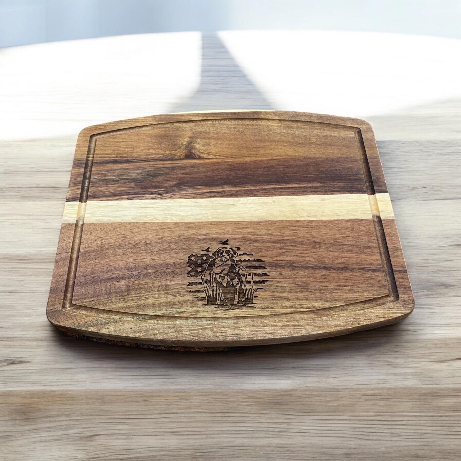 Premium USA-Themed Acacia Wood Cutting Board - Featuring Hunting Dog and Wildlife Design Handcrafted Acacia, Size 12”x10” - SystemPoint Solutions