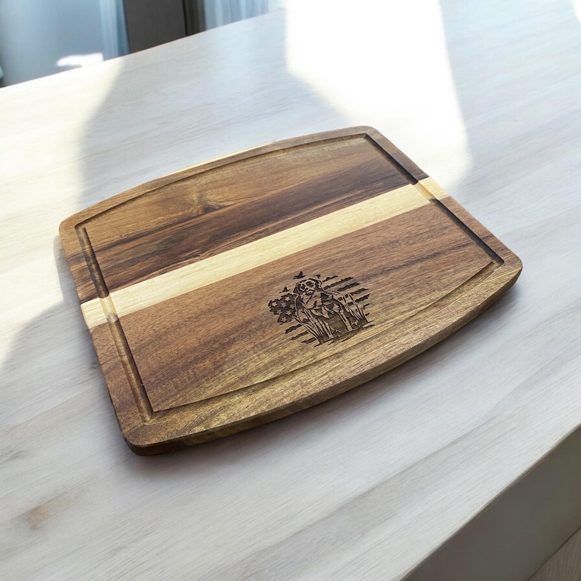 Premium USA-Themed Acacia Wood Cutting Board - Featuring Hunting Dog and Wildlife Design Handcrafted Acacia, Size 12”x10” - SystemPoint Solutions