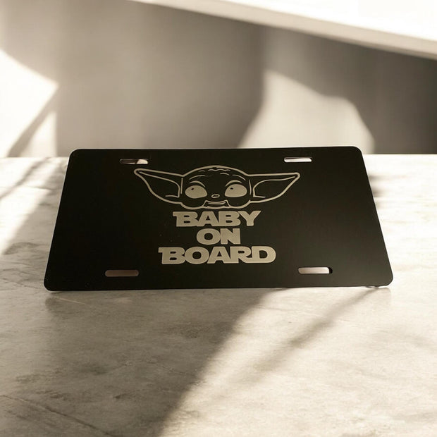 BABY YODA Theme “Baby On Board” Engraved Car Tag Black Aluminum Front License Plate - SystemPoint Solutions