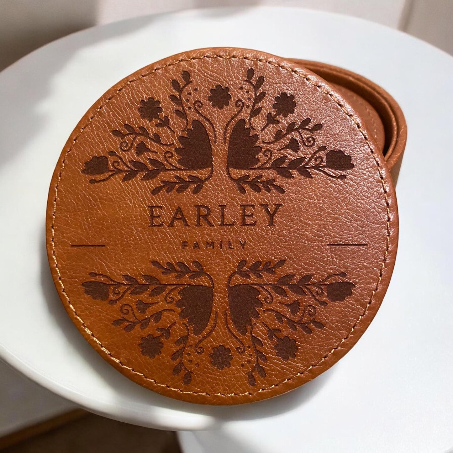 Personalized Leather Floral Coaster Set - Engraved Family Name - 6 Piece Drink Coasters with Holder - Customized Housewarming Gift - SystemPoint Solutions