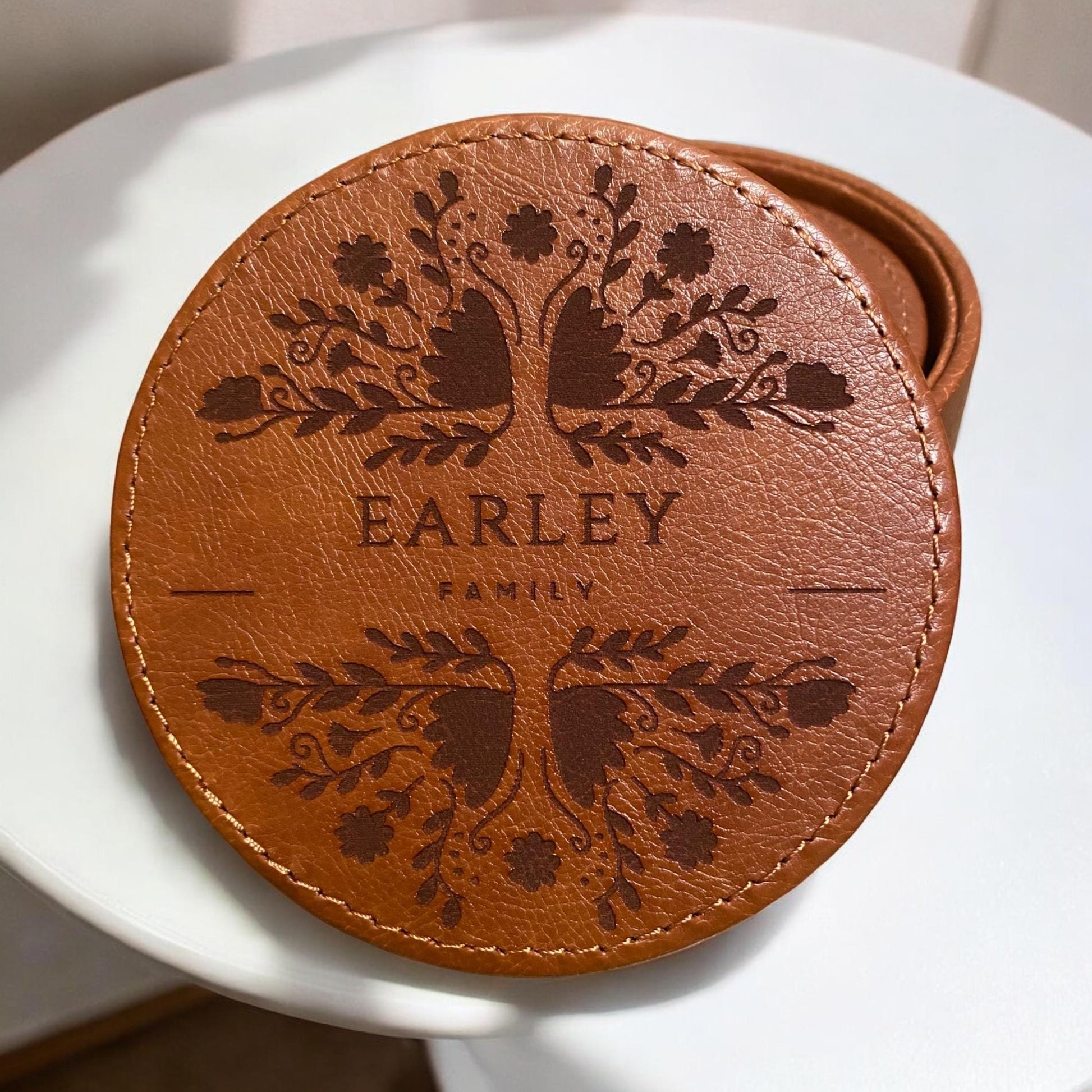 Personalized Leather Floral Coaster Set - Engraved Family Name - 6 Piece Drink Coasters with Holder - Customized Housewarming Gift - SystemPoint Solutions