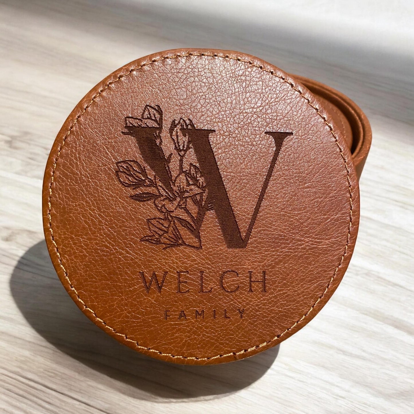 Custom Engraved Leather Coaster with Family Name | Personalized Monogram Drink Coaster | Rustic Home Decor Gift | Housewarming or Wedding - SystemPoint Solutions