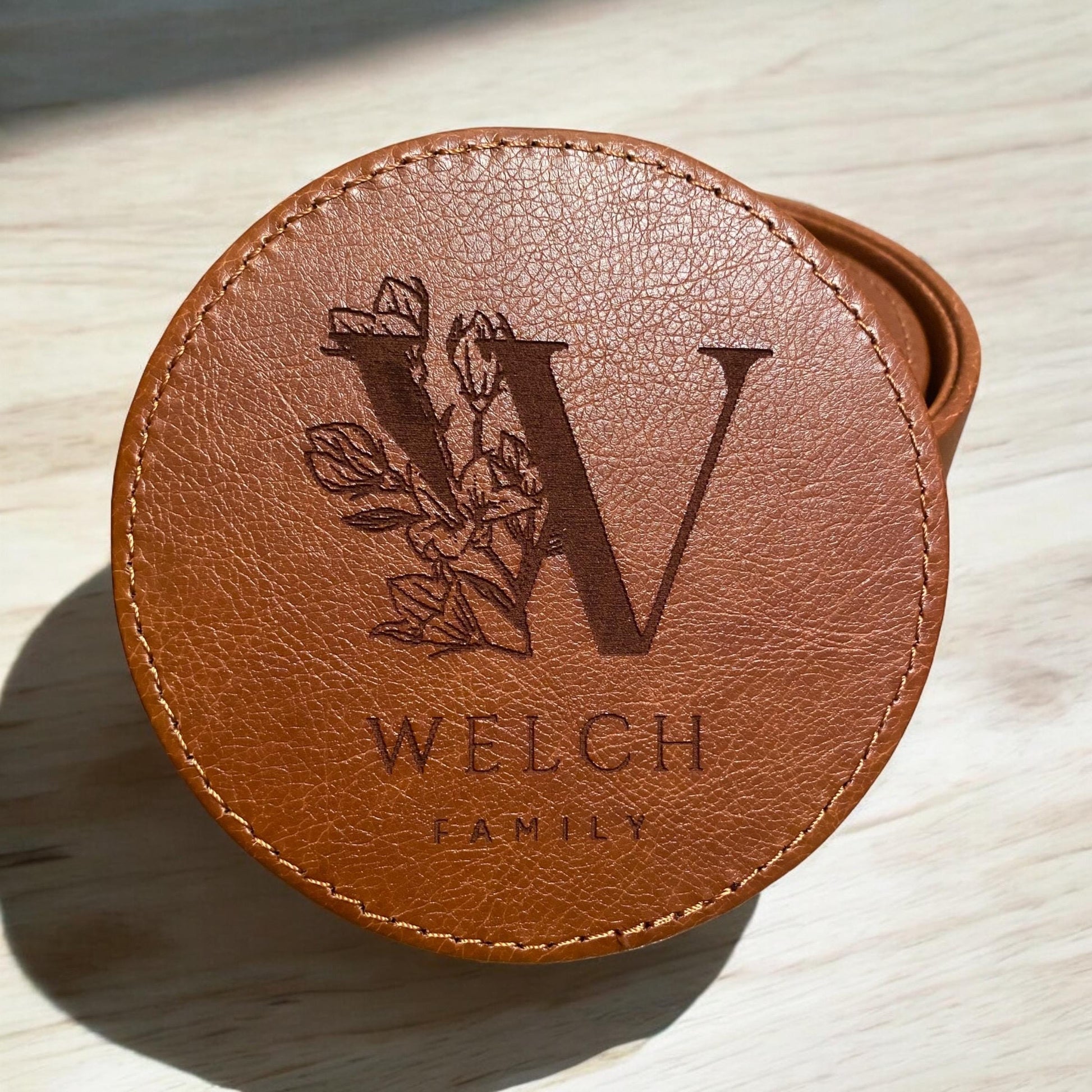 Custom Engraved Leather Coaster with Family Name | Personalized Monogram Drink Coaster | Rustic Home Decor Gift | Housewarming or Wedding - SystemPoint Solutions