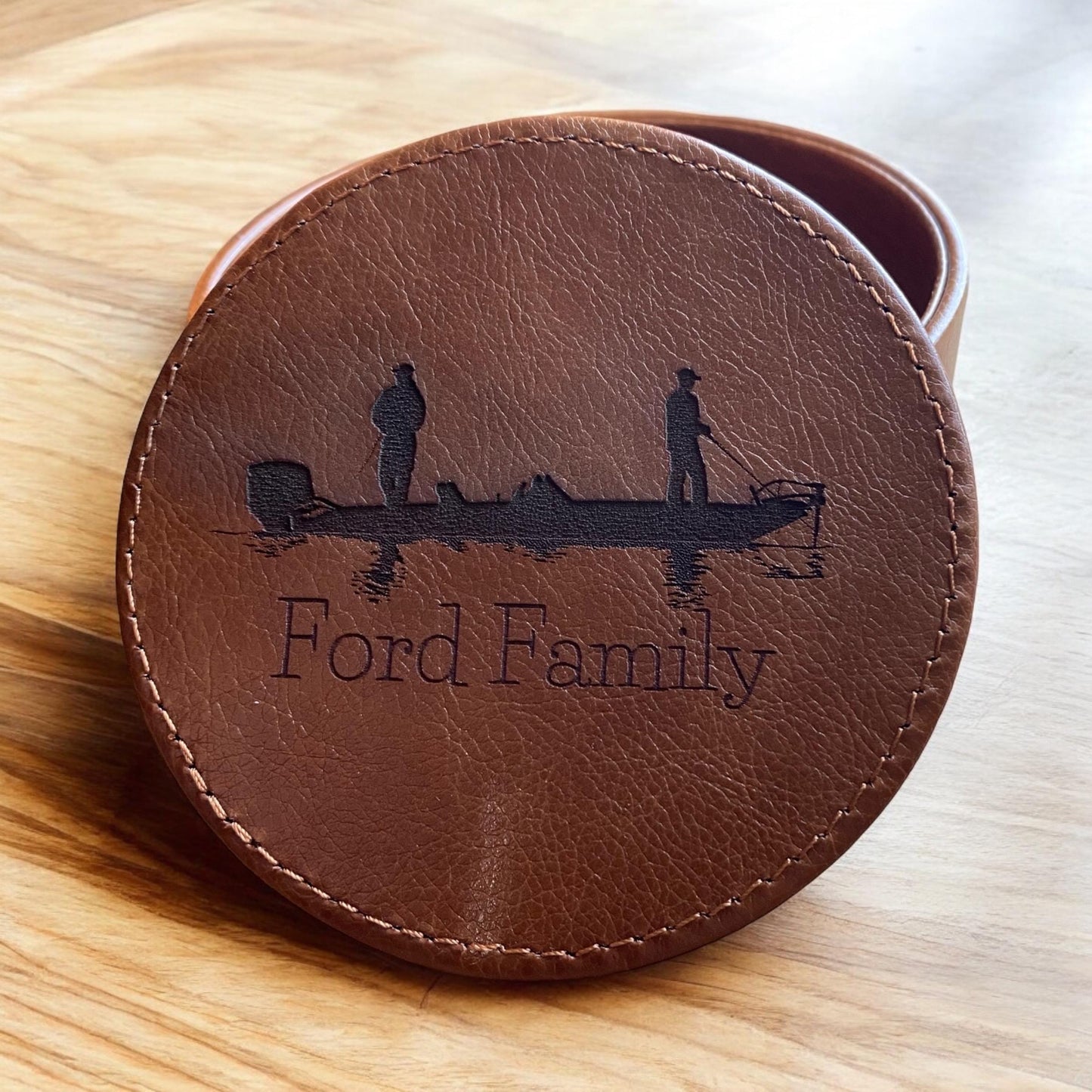 Personalized Fishing Leather Coaster Set - Handcrafted Drink Coasters - 6 Piece Fishing Coasters with Holder - Rustic Home Decor - SystemPoint Solutions