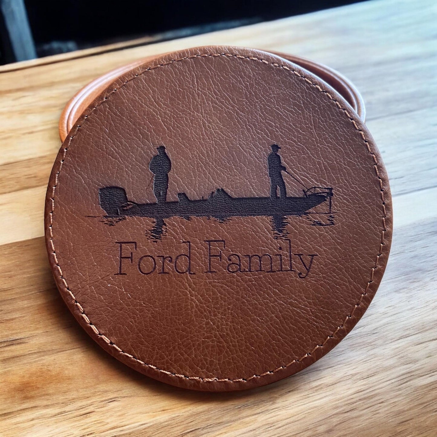 Personalized Fishing Leather Coaster Set - Handcrafted Drink Coasters - 6 Piece Fishing Coasters with Holder - Rustic Home Decor - SystemPoint Solutions