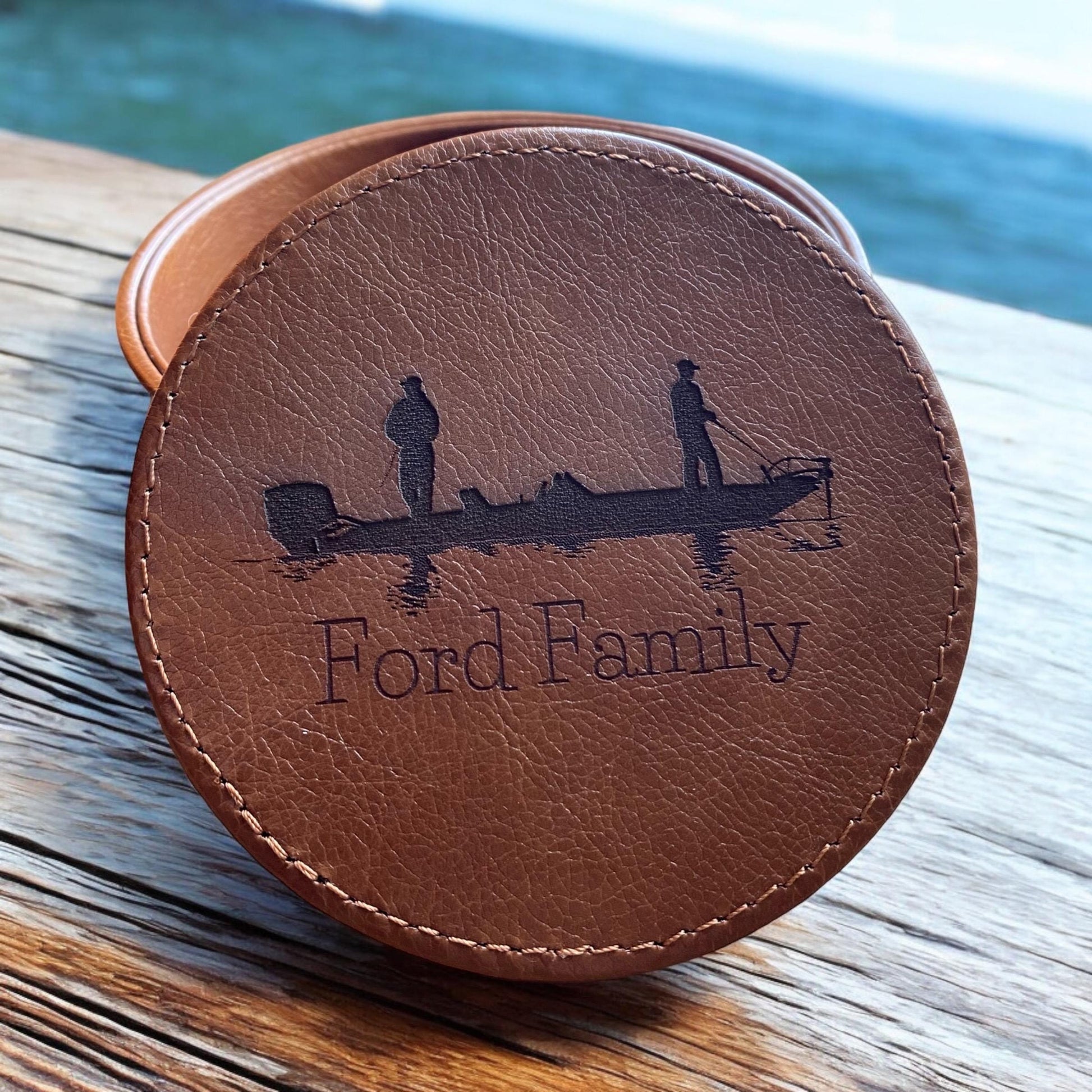 Personalized Fishing Leather Coaster Set - Handcrafted Drink Coasters - 6 Piece Fishing Coasters with Holder - Rustic Home Decor - SystemPoint Solutions