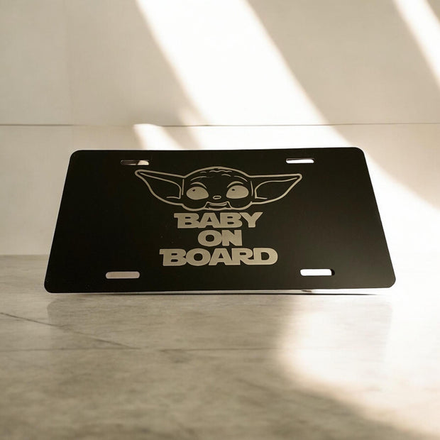 BABY YODA Theme “Baby On Board” Engraved Car Tag Black Aluminum Front License Plate - SystemPoint Solutions