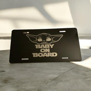 BABY YODA Theme “Baby On Board” Engraved Car Tag Black Aluminum Front License Plate - SystemPoint Solutions
