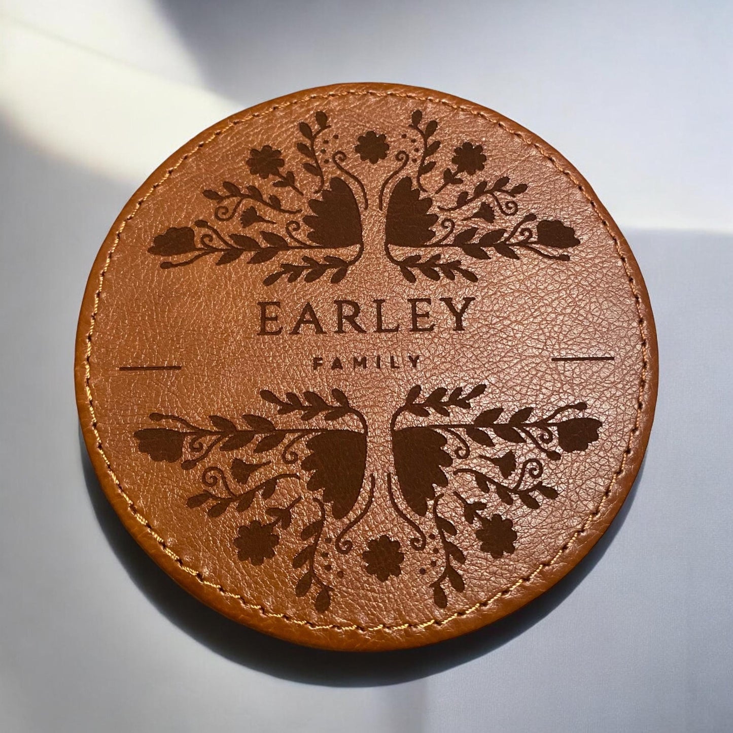 Personalized Leather Floral Coaster Set - Engraved Family Name - 6 Piece Drink Coasters with Holder - Customized Housewarming Gift - SystemPoint Solutions