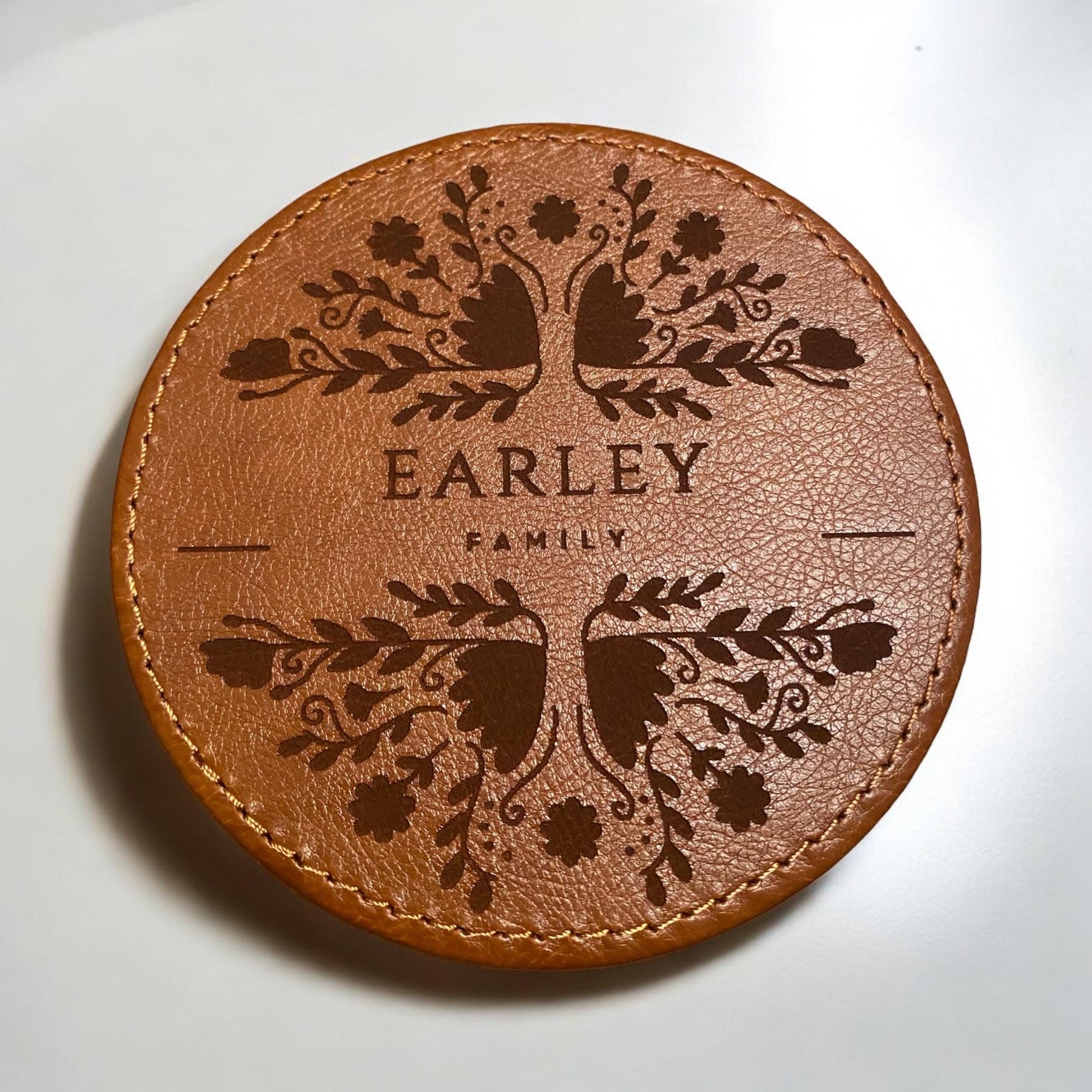 Personalized Leather Floral Coaster Set - Engraved Family Name - 6 Piece Drink Coasters with Holder - Customized Housewarming Gift - SystemPoint Solutions