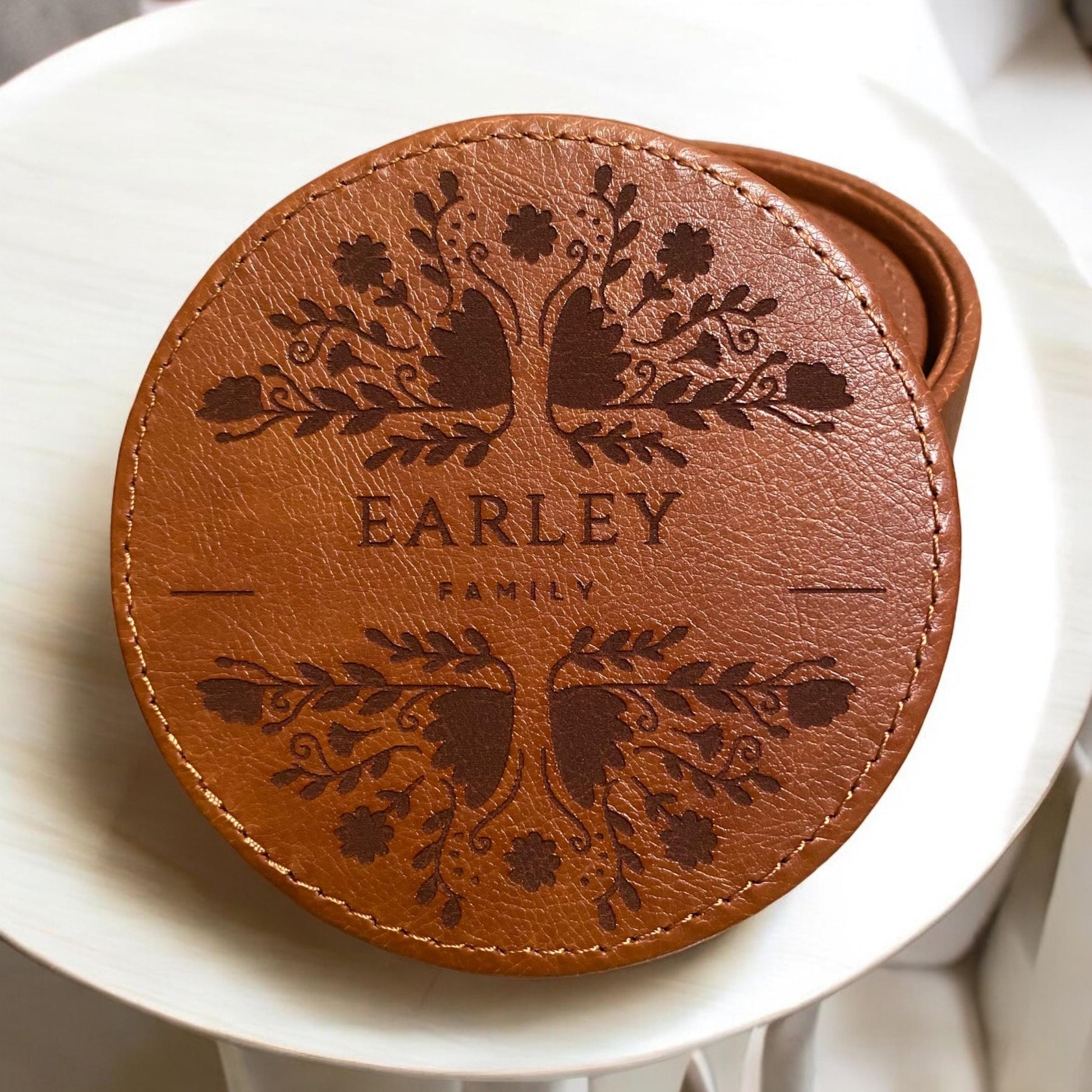 Personalized Leather Floral Coaster Set - Engraved Family Name - 6 Piece Drink Coasters with Holder - Customized Housewarming Gift - SystemPoint Solutions