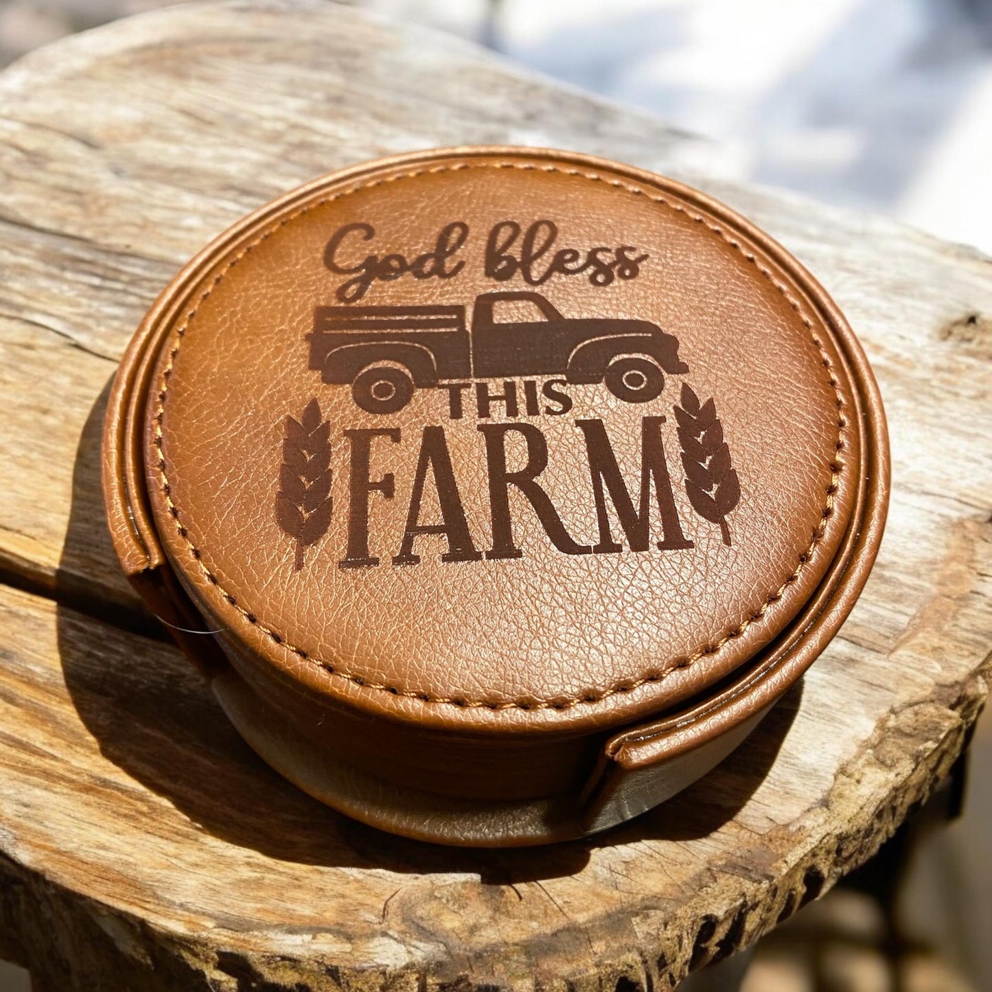 Custom Leather Coasters – "Bless This Farm" Engraved Farmhouse Decor - SystemPoint Solutions