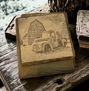 Classic Ford Truck Old Barn Coasters | Set of 4 | Slate Stone Ford Classic Rustic Truck Scene Coaster Set | Design Ford Gifts | Rustic Woods - SystemPoint Solutions