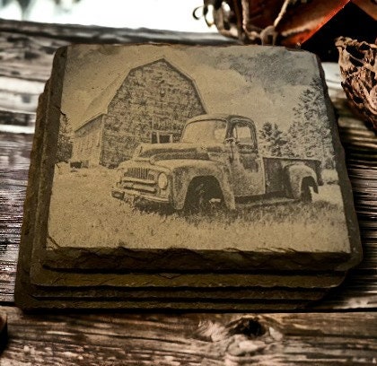 Classic Ford Truck Old Barn Coasters | Set of 4 | Slate Stone Ford Classic Rustic Truck Scene Coaster Set | Design Ford Gifts | Rustic Woods - SystemPoint Solutions