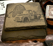 Classic Ford Truck Old Barn Coasters | Set of 4 | Slate Stone Ford Classic Rustic Truck Scene Coaster Set | Design Ford Gifts | Rustic Woods - SystemPoint Solutions