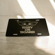 BABY YODA Theme “Baby On Board” Engraved Car Tag Black Aluminum Front License Plate - SystemPoint Solutions