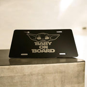 BABY YODA Theme “Baby On Board” Engraved Car Tag Black Aluminum Front License Plate - SystemPoint Solutions