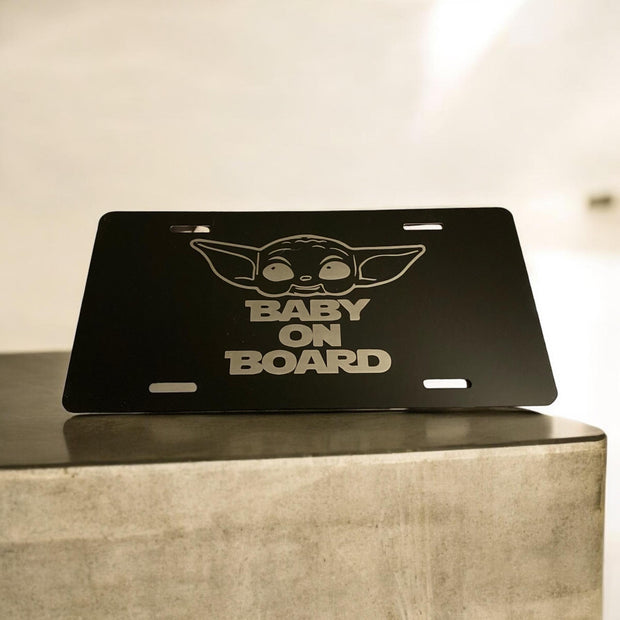 BABY YODA Theme “Baby On Board” Engraved Car Tag Black Aluminum Front License Plate - SystemPoint Solutions