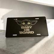 BABY YODA Theme “Baby On Board” Engraved Car Tag Black Aluminum Front License Plate - SystemPoint Solutions