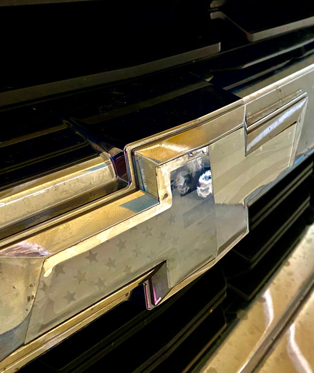 Chevrolet Silverado Chrome USA Flag Silverado Precut Bowtie Emblem Overlay DECALS, Front & Rear Set - SystemPoint Solutions