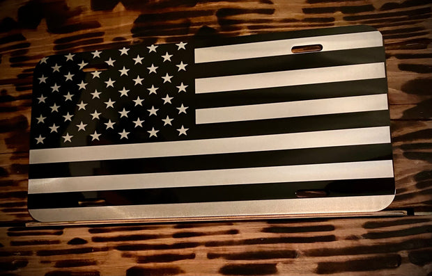 Chrome American Flag License Plate Mirror Black on Brushed Aluminum Composite Mirror Finish Tactical Patriot USA Car Tag USA Made - SystemPoint Solutions