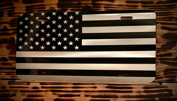 Chrome American Flag License Plate Mirror Black on Brushed Aluminum Composite Mirror Finish Tactical Patriot USA Car Tag USA Made - SystemPoint Solutions