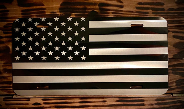 Chrome American Flag License Plate Mirror Black on Brushed Aluminum Composite Mirror Finish Tactical Patriot USA Car Tag USA Made - SystemPoint Solutions
