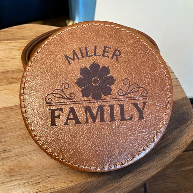 Custom Leather Family Coaster – Floral Personalized Gift - SystemPoint Solutions