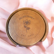 Custom Leather Rose Coasters with Holder, Personalized Family Name Coasters, Unique Leather Rose Design, Custom Coasters for Home, Family Gift, Engraved Coasters with Holder, Personalized Home Decor - SystemPoint Solutions