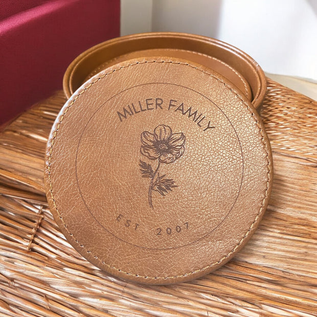 Custom Leather Rose Coasters with Holder, Personalized Family Name Coasters, Unique Leather Rose Design, Custom Coasters for Home, Family Gift, Engraved Coasters with Holder, Personalized Home Decor - SystemPoint Solutions