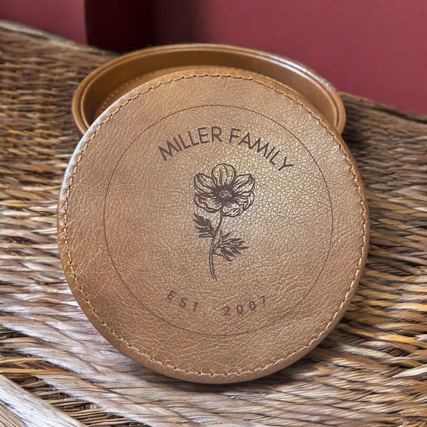 Custom Leather Rose Coasters with Holder, Personalized Family Name Coasters, Unique Leather Rose Design, Custom Coasters for Home, Family Gift, Engraved Coasters with Holder, Personalized Home Decor - SystemPoint Solutions