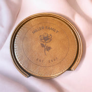 Custom Leather Rose Coasters with Holder, Personalized Family Name Coasters, Unique Leather Rose Design, Custom Coasters for Home, Family Gift, Engraved Coasters with Holder, Personalized Home Decor - SystemPoint Solutions