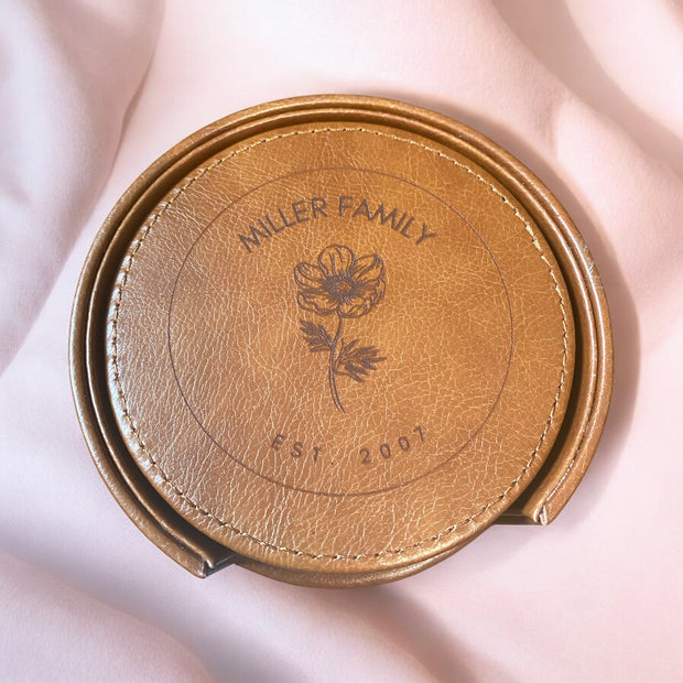 Custom Leather Rose Coasters with Holder, Personalized Family Name Coasters, Unique Leather Rose Design, Custom Coasters for Home, Family Gift, Engraved Coasters with Holder, Personalized Home Decor - SystemPoint Solutions