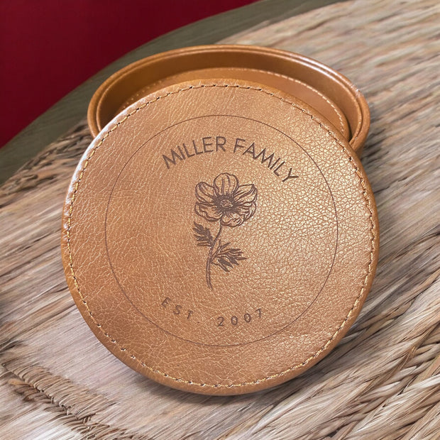 Custom Leather Rose Coasters with Holder, Personalized Family Name Coasters, Unique Leather Rose Design, Custom Coasters for Home, Family Gift, Engraved Coasters with Holder, Personalized Home Decor - SystemPoint Solutions