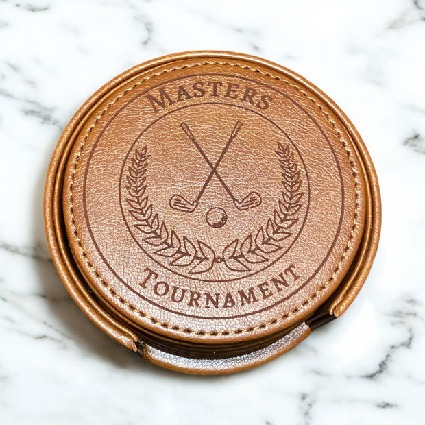 Masters Tournament Golf Leather Coasters Set of 6 with Holder - SystemPoint Solutions
