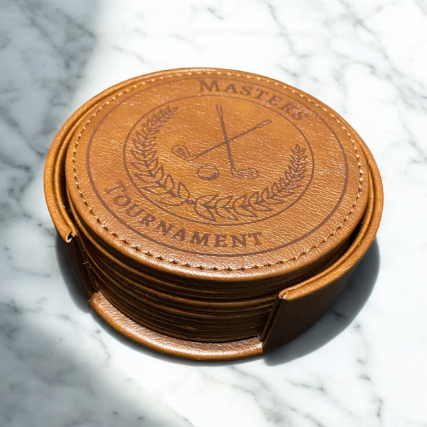 Masters Tournament Golf Leather Coasters Set of 6 with Holder - SystemPoint Solutions