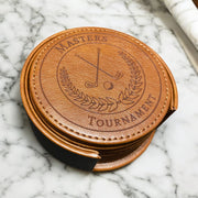 Masters Tournament Golf Leather Coasters Set of 6 with Holder - SystemPoint Solutions