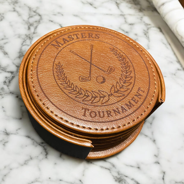 Masters Tournament Golf Leather Coasters Set of 6 with Holder - SystemPoint Solutions