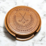 Masters Tournament Golf Leather Coasters Set of 6 with Holder - SystemPoint Solutions