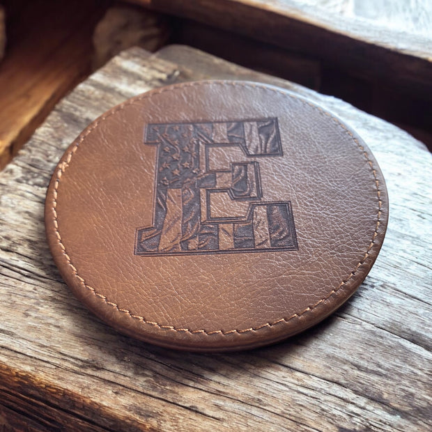 Personalized American Monogram Leather Coasters Set of 6 with Holder - SystemPoint Solutions