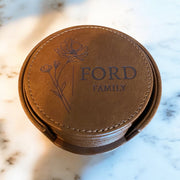 Personalized Leather Family Name Coaster – Floral Design - SystemPoint Solutions