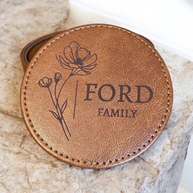 Personalized Leather Family Name Coaster – Floral Design - SystemPoint Solutions