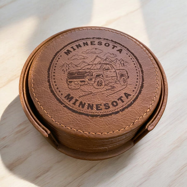 Personalized State Leather Coasters with Engraved Pickup Truck Design - SystemPoint Solutions