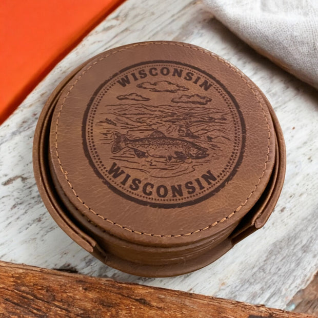 Personalized State Leather Coasters with Engraved Trout Fishing Design - SystemPoint Solutions